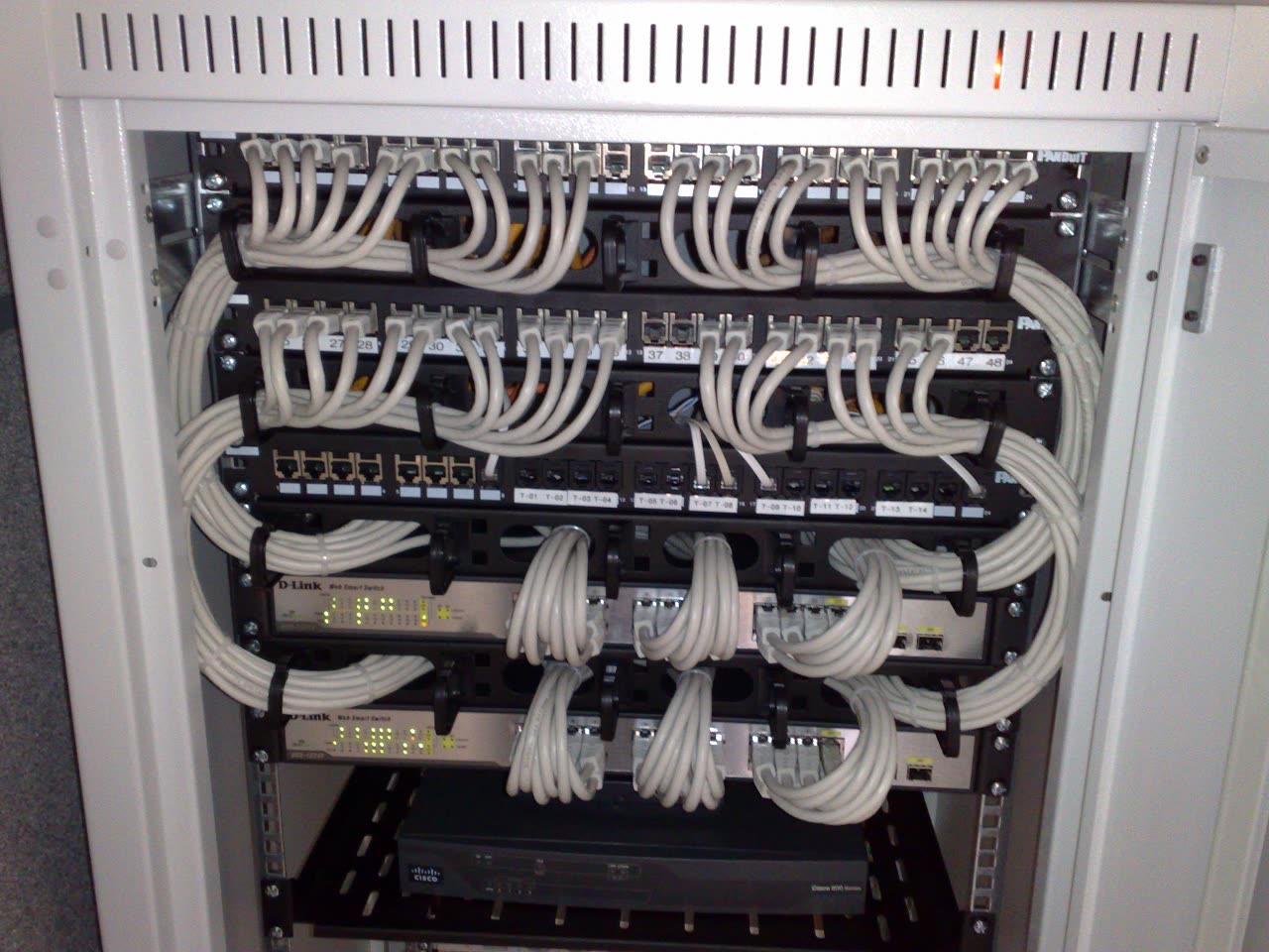Rack com switches gigabit e patch panels, cabos brancos organizados